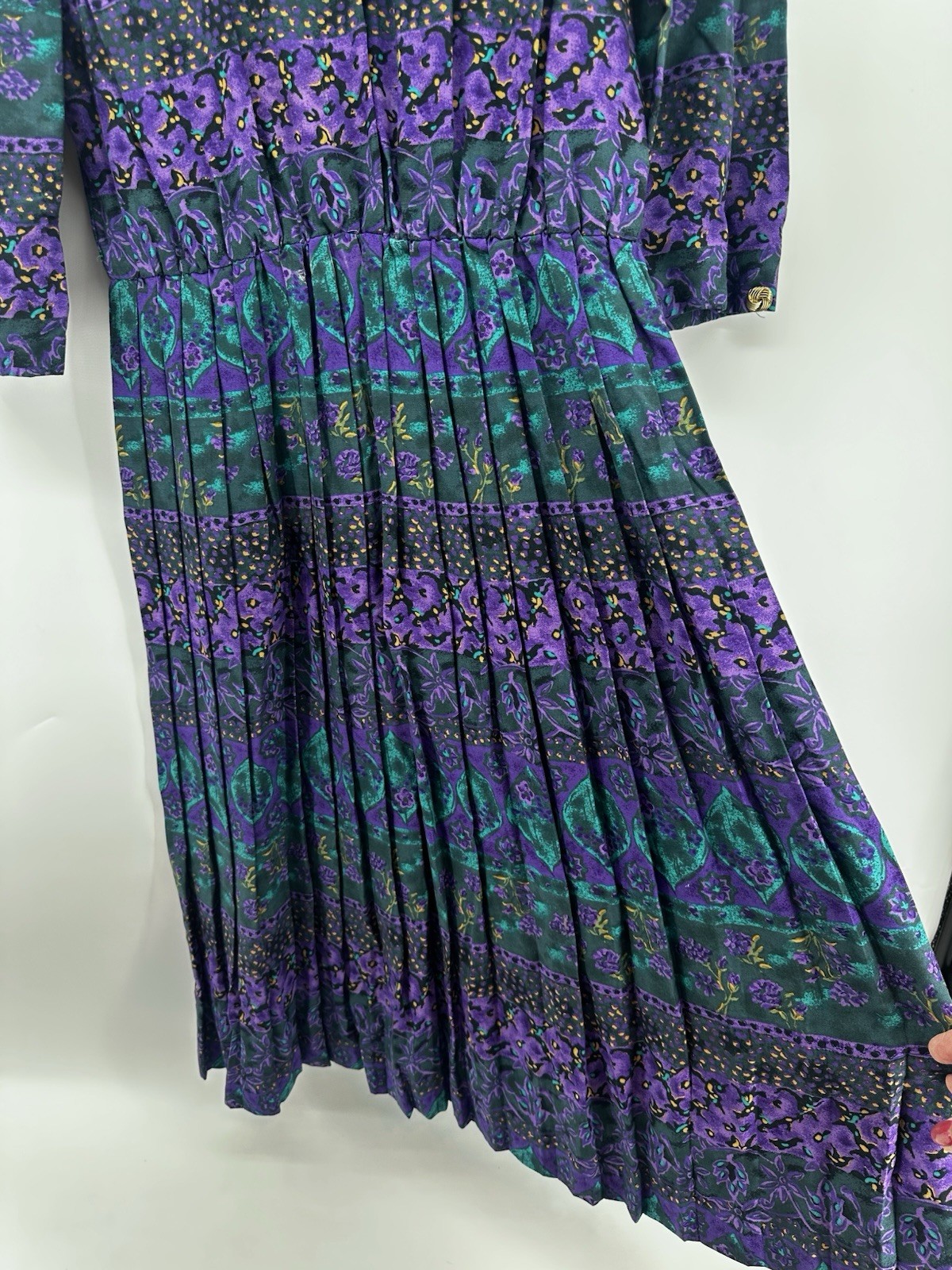VTG 80’s Serbin of Florida Teal Purple Floral Hostess Artwear Boho Dress HH42