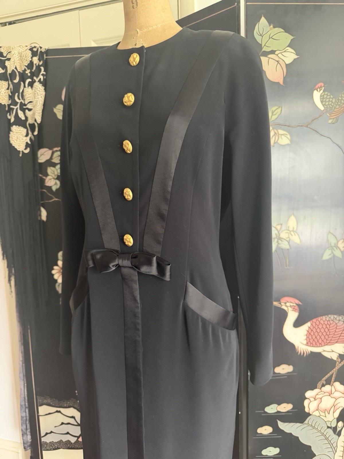 Vintage ‘80s Nipon Boutique Black Crepe & Satin Dress Long Sleeve Bow 8 Small