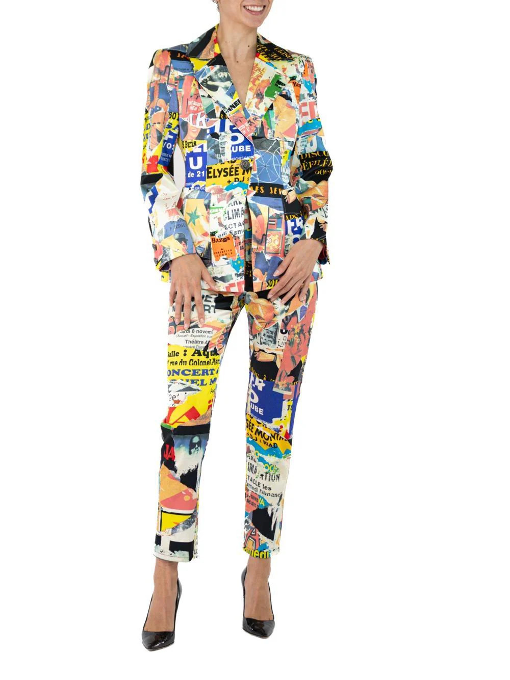 1990S Christian Lacroix Multicolored Rayon French Collage Pant & Jacket Ensemble