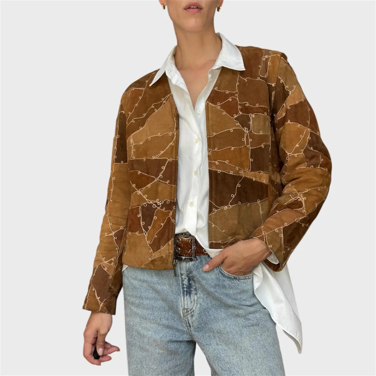 Vintage Brown Suede Patchwork Jacket | Embroidered Zip-Up Size US 8/ EU40