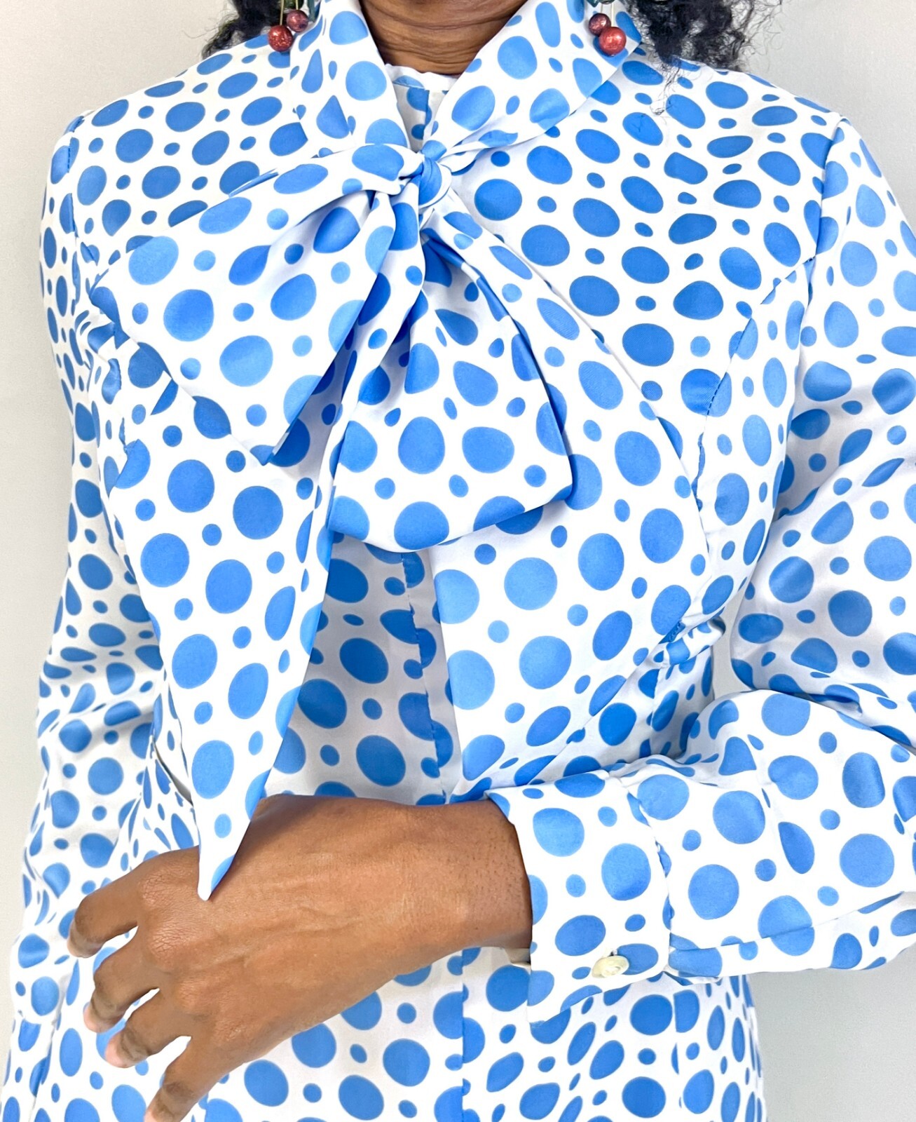 Ivan Fredericks VTG 70s Blue White Polka Dot Pussy Bow Dress Secretary Mad Men S