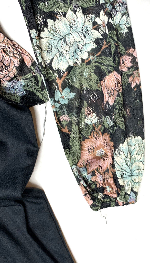 Vintage 1970s Roe Frocks Lace Dress Peplum Floral Print Midi Long Black Retro