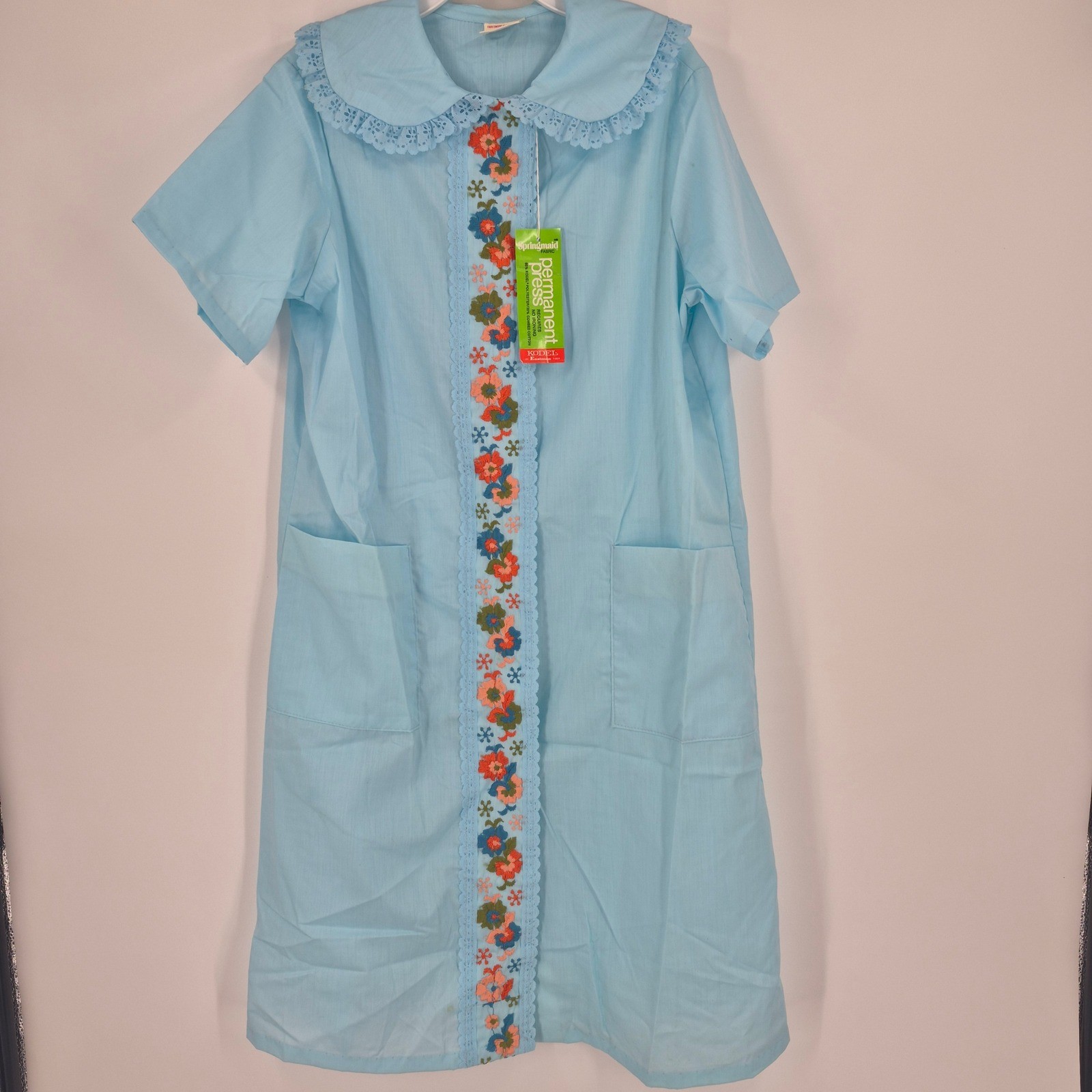 Vintage Springmaid Blue Floral Embroidered Snap Front House Dress Duster NWT L