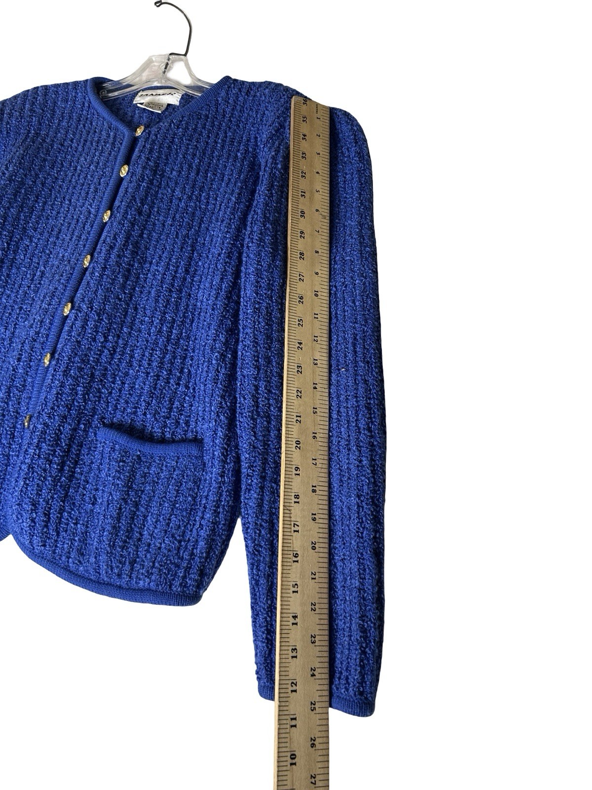 VTG TANNER Boucle Cardigan Sweater Size XL Royal Blue Gold Button Twee Hong Kong