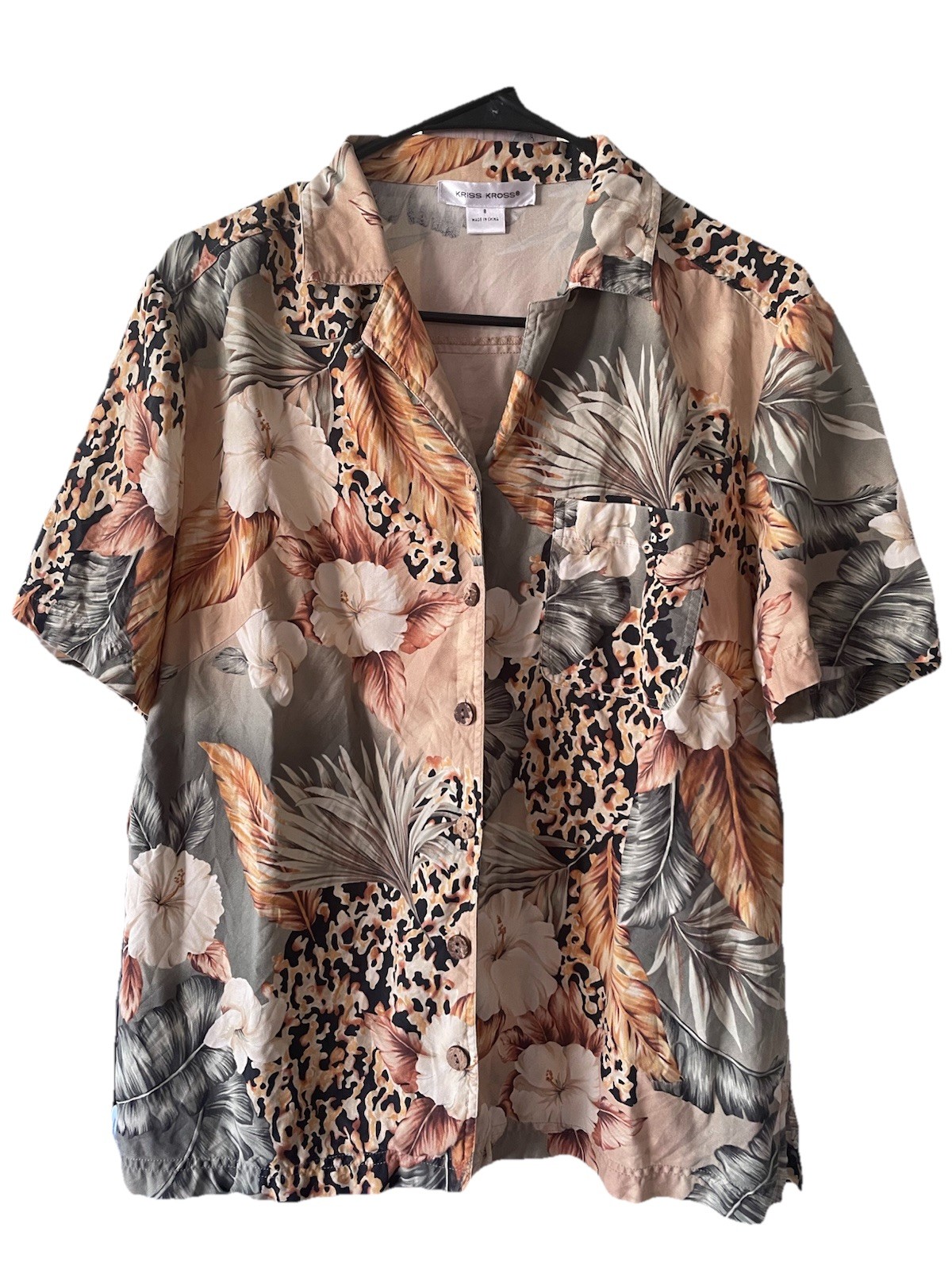 VTG Kriss Kross Hawaiian Button Up shirt multicolor floral & animal print beach