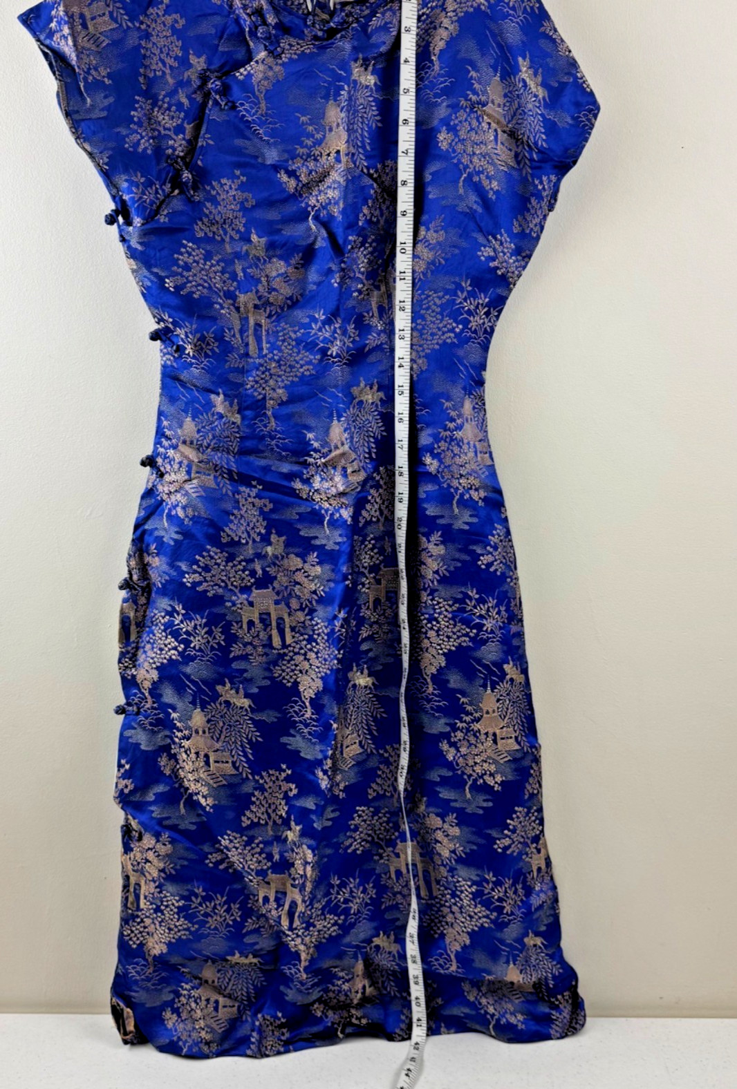 Vintage Blue & Gold Asian Brocade Cheongsam Dress With High Collar & Side Button