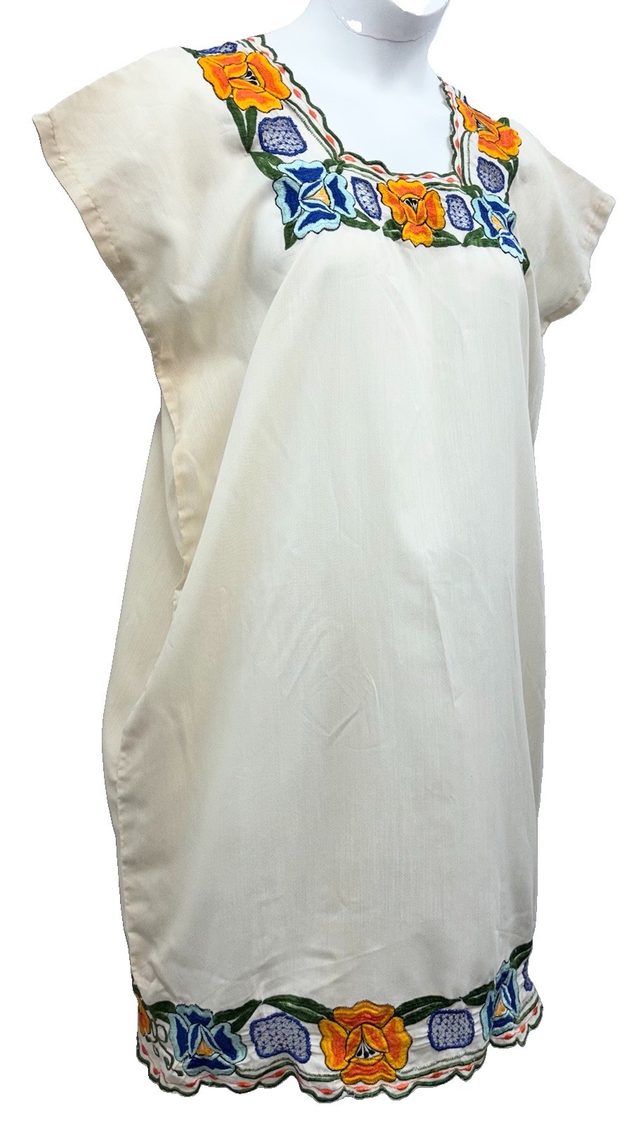 Handmade Mexican Dress Size L Pullover Embroidered Floral Neck-Bottom Hem Beige