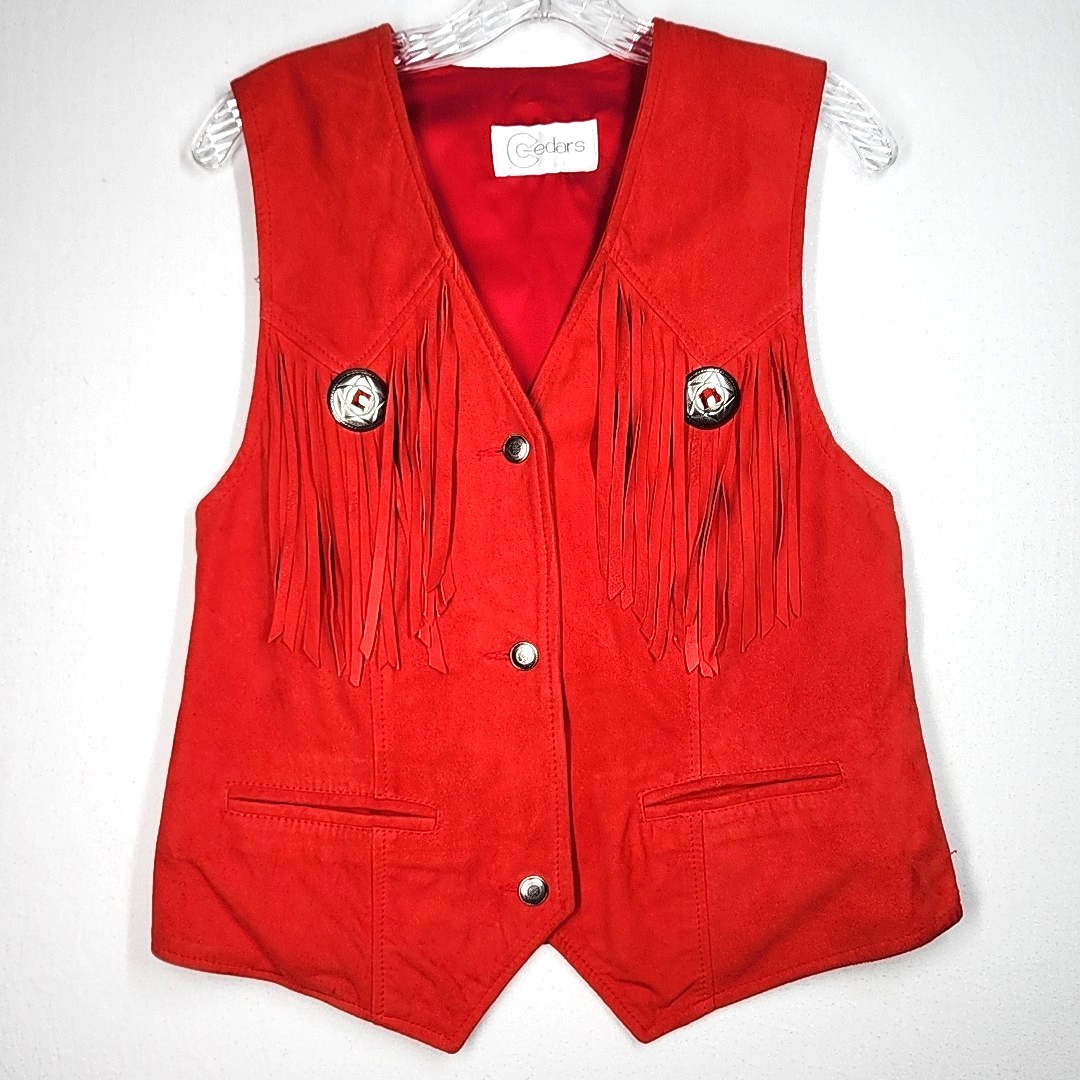 Vtg Cedars Suede Fringed Vest Womens M Red Leather Pockets Western Cowgirl USA