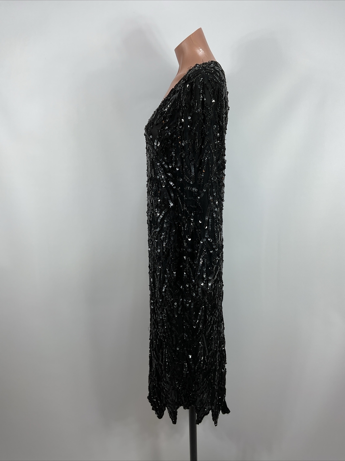 Vintage Linsiano Black Midi Dress Flapper Silk Sequin V Neck Fringe Hem sz S