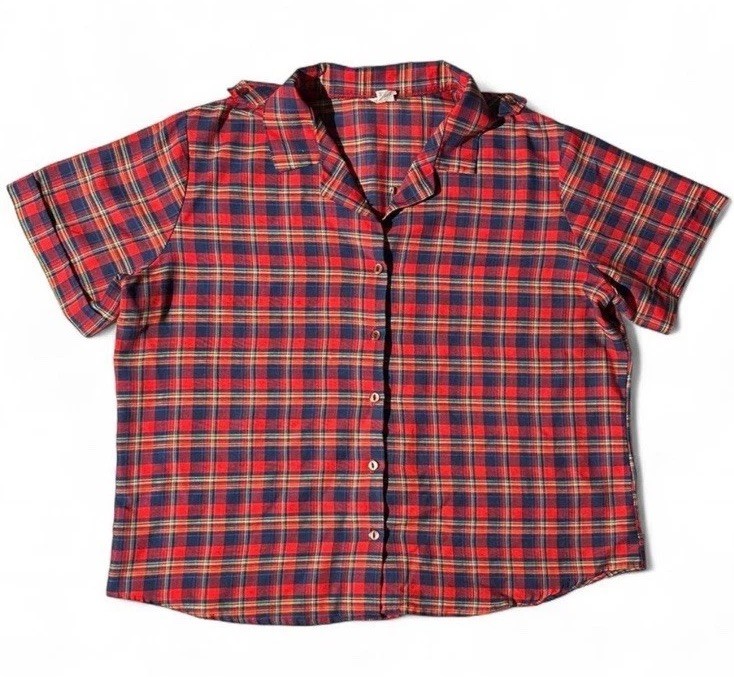 Vintage 80s Shirley of Atlanta Plaid Utility Shirt Blouse Epaulettes USA L/XL