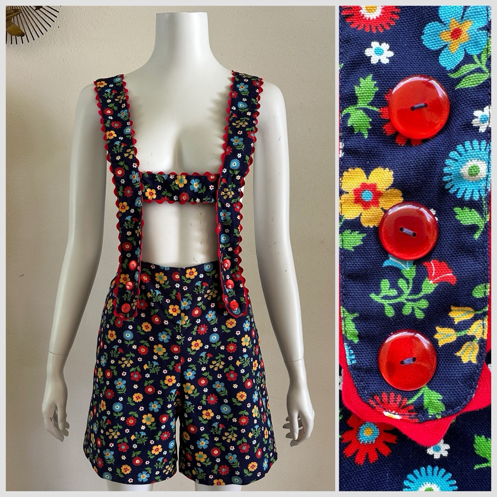 70s Playsuit Tyrolean Floral Suspender Side Zip Shorts H-Bar Folk Ric Rac Romper