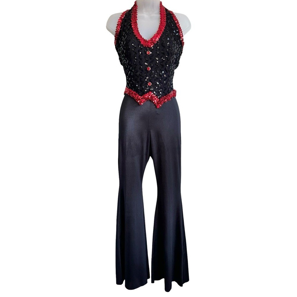 Vintage 90’s Curtain Call Black Red Sequins Halter Flare Jumpsuit Dance Costume