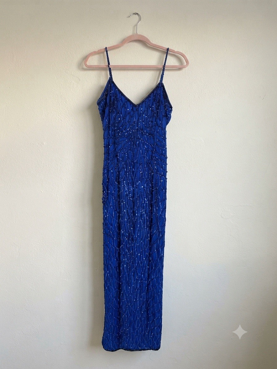 Vtg Deadstock Myra Riva for Laurence Kazar Hand Beaded Silk Blue Gown Size Small