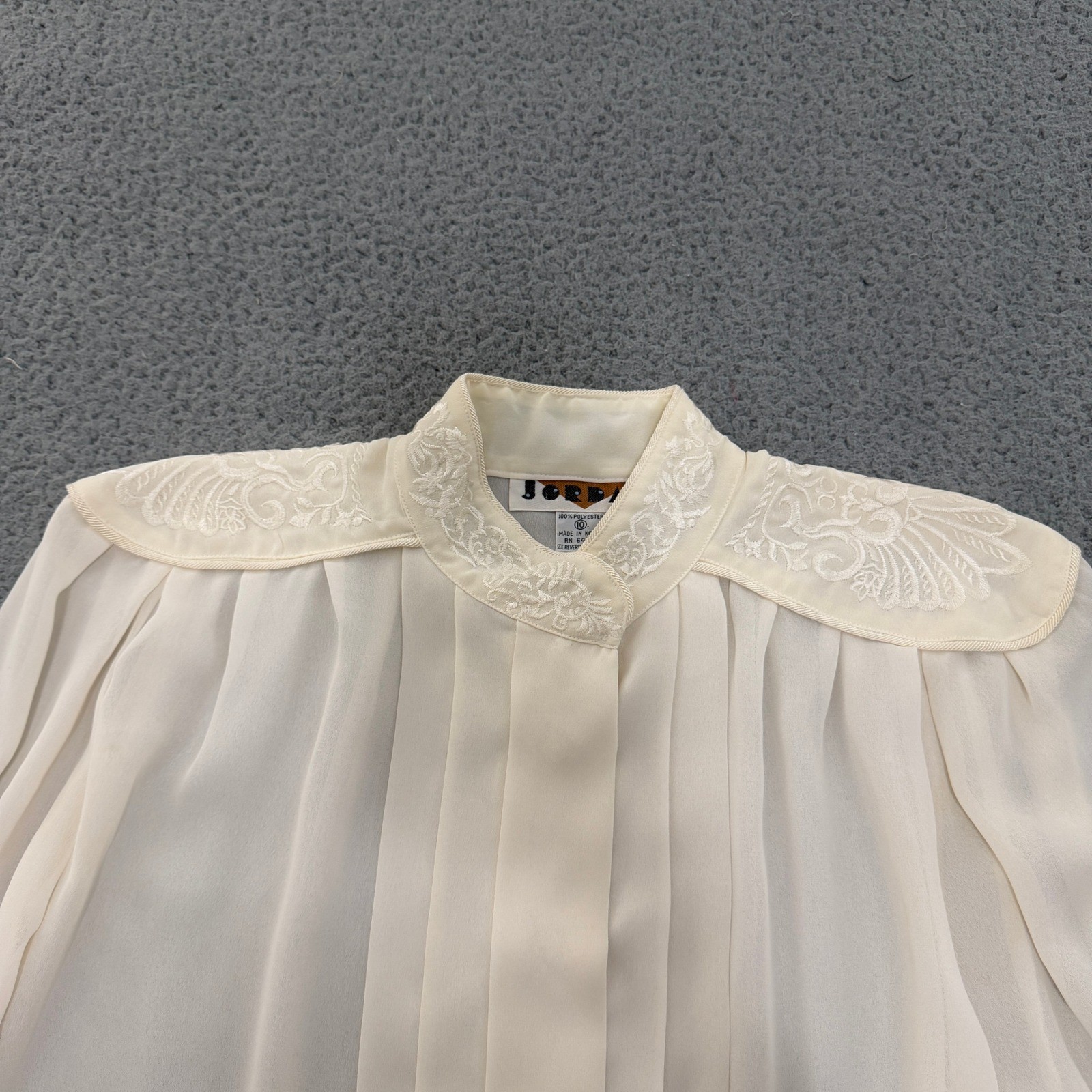 Vintage Cream Pleated Embroidered Blouse Womens 10 Ivory Victorian Top Sheer