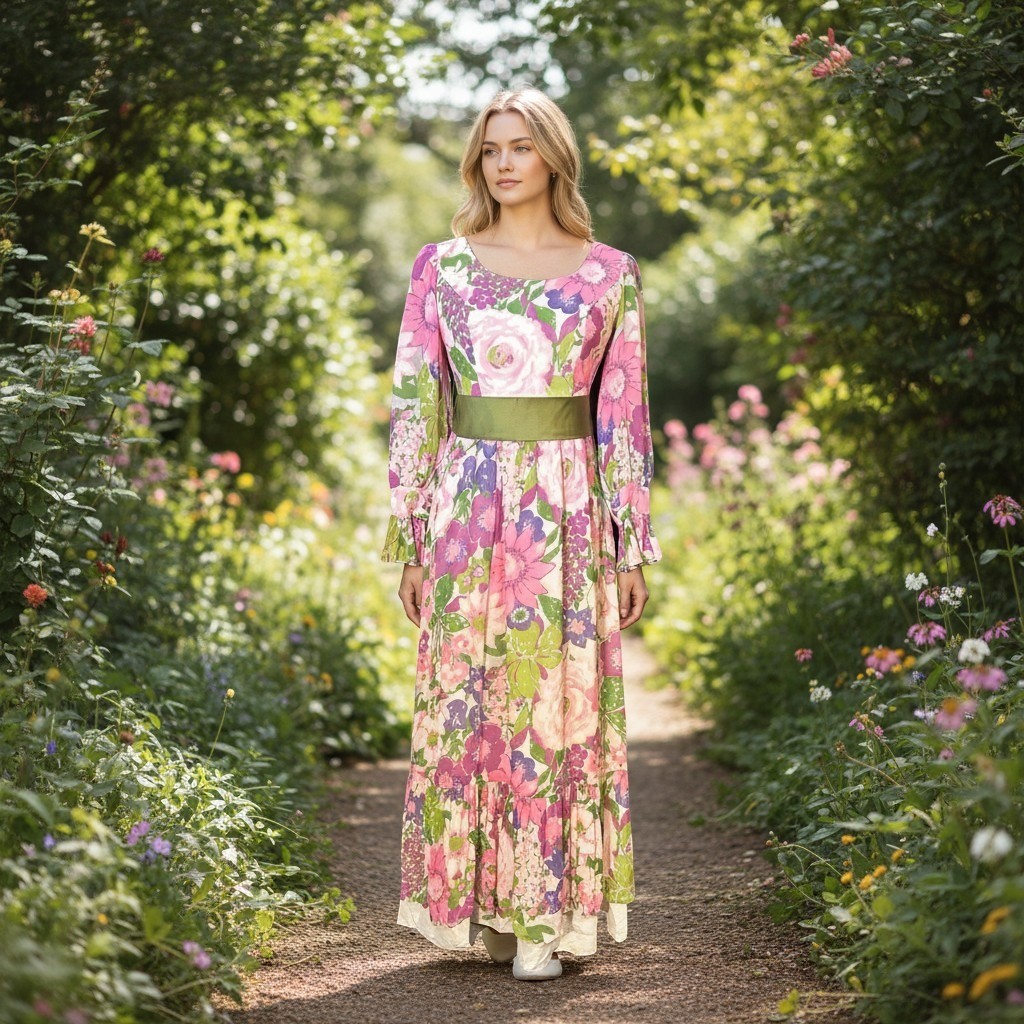 Vintage 70s Fairycore Vibrant Floral Dress Sheer Juliet Sleeves Velvet Sash USA