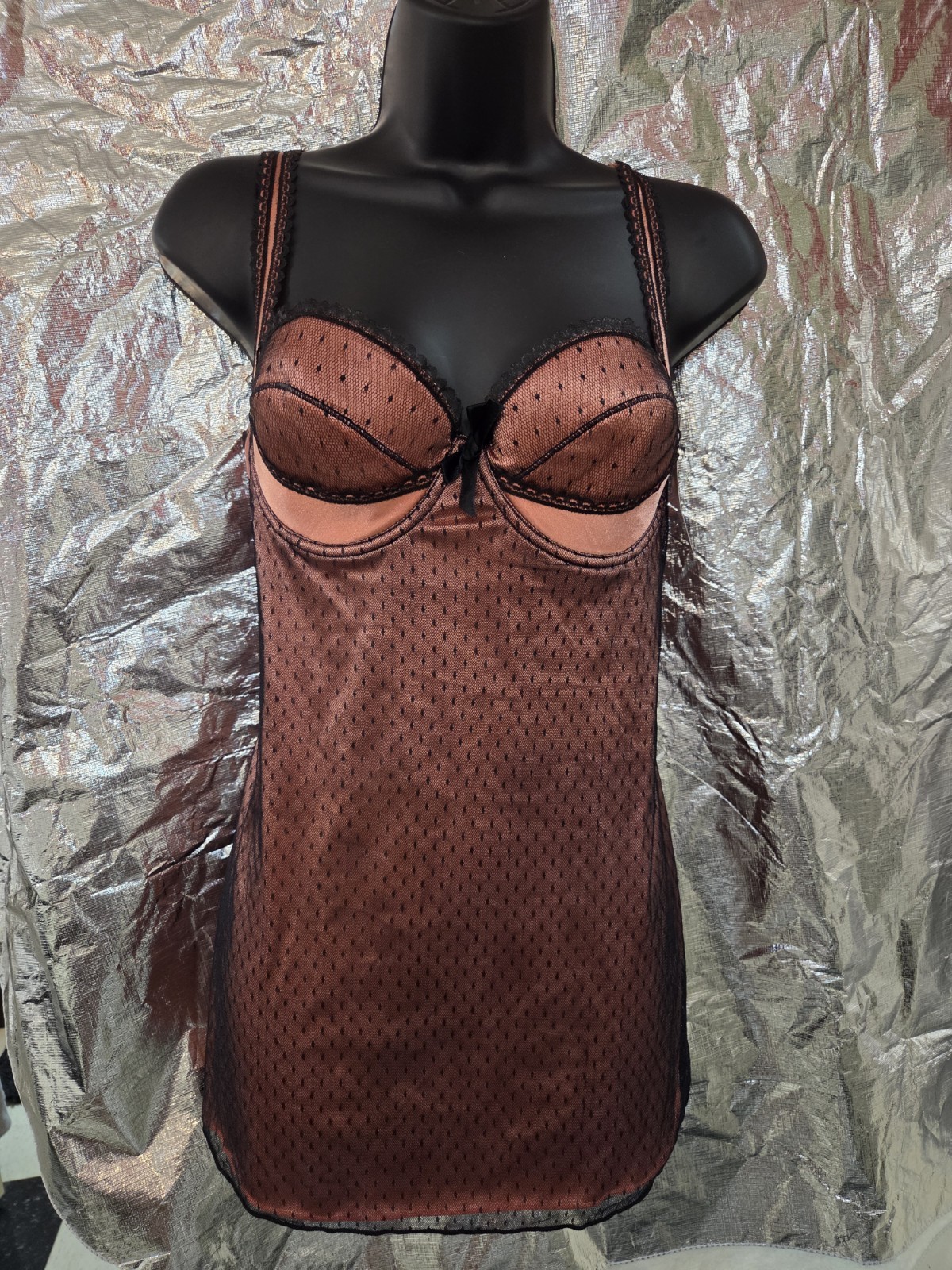 NWT Vintage Y2K Coral Black Mesh Lady Princess Babydoll 38C Nylon Spandex