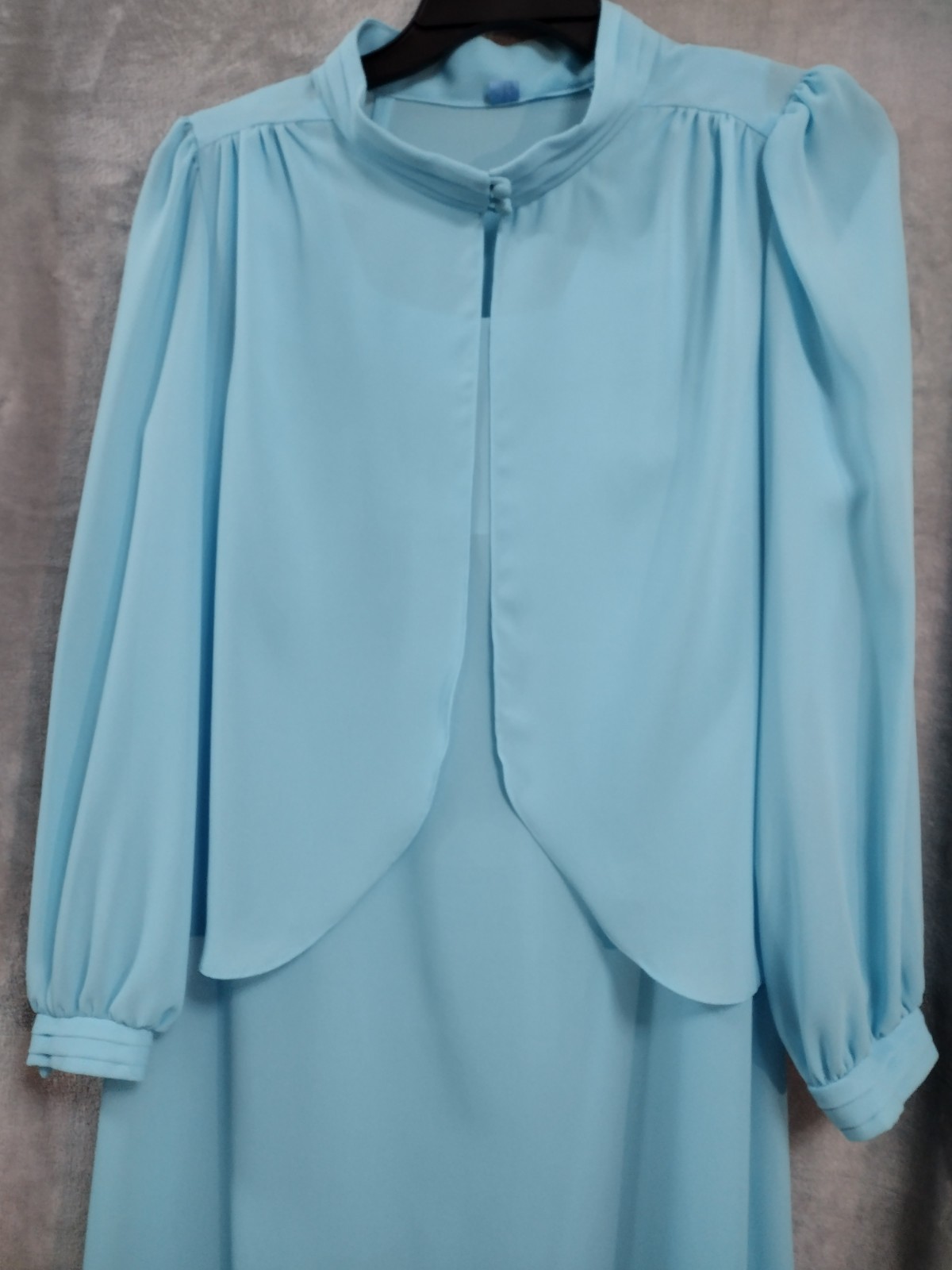 Vtg 70s Ice Blue Maxi Dress 16 1/2 Sheer Cardigan Jacket Made USA Formal Wedding