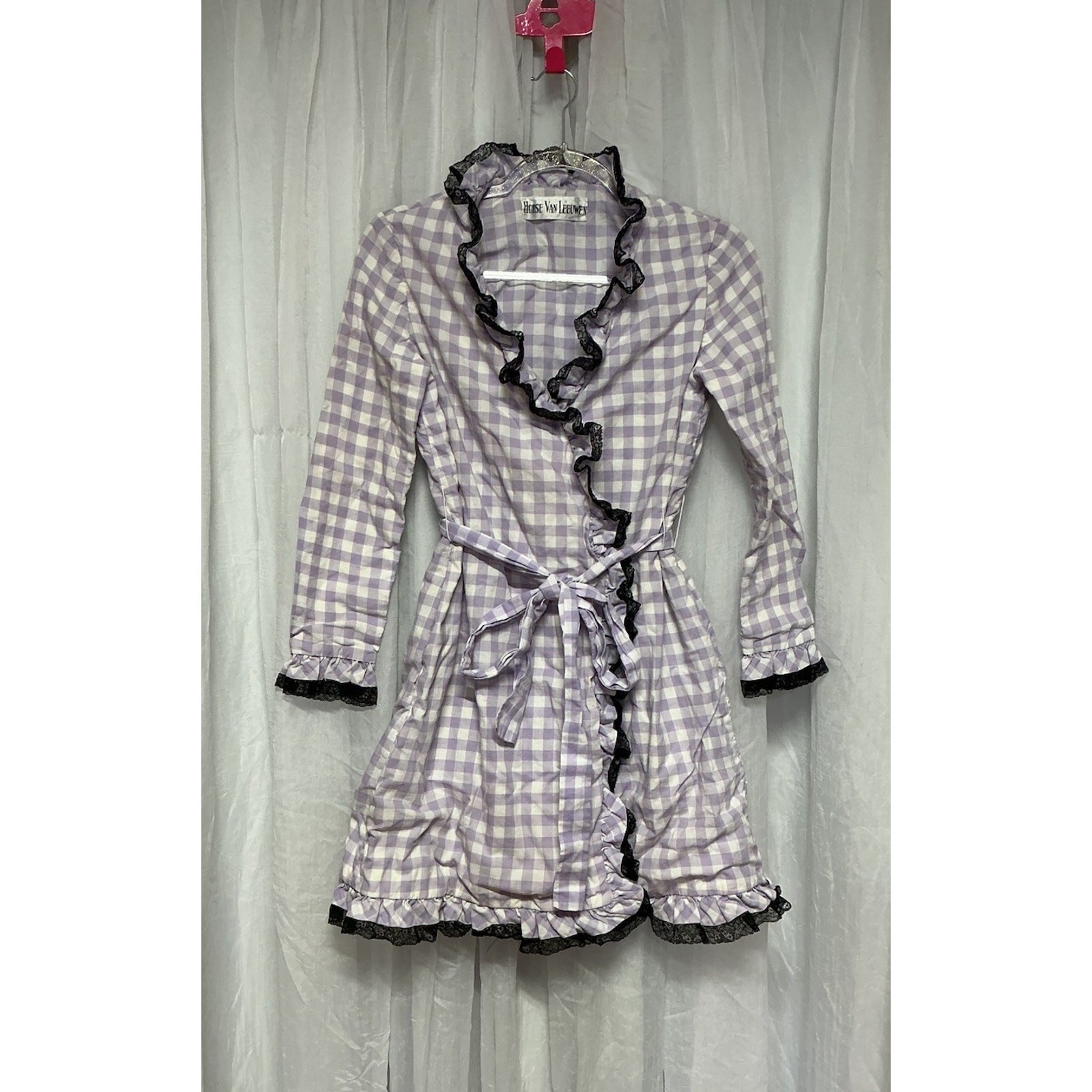 VTG 60s/70s Purple Gingham Wrap Dress Black Lace Ruffles Union Made USA S / M
