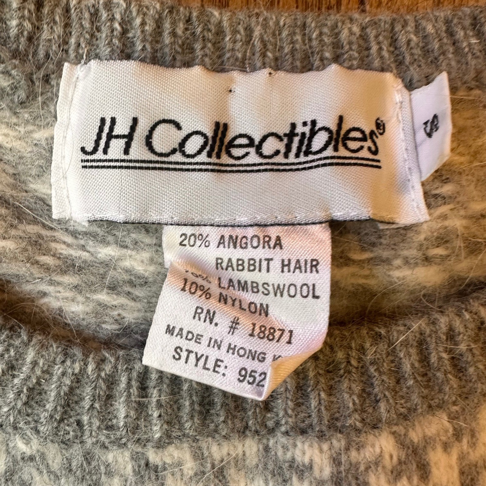 Vintage 90s Angora Wool Sweater Womens S Floral Houndstooth Grey Grandma Core