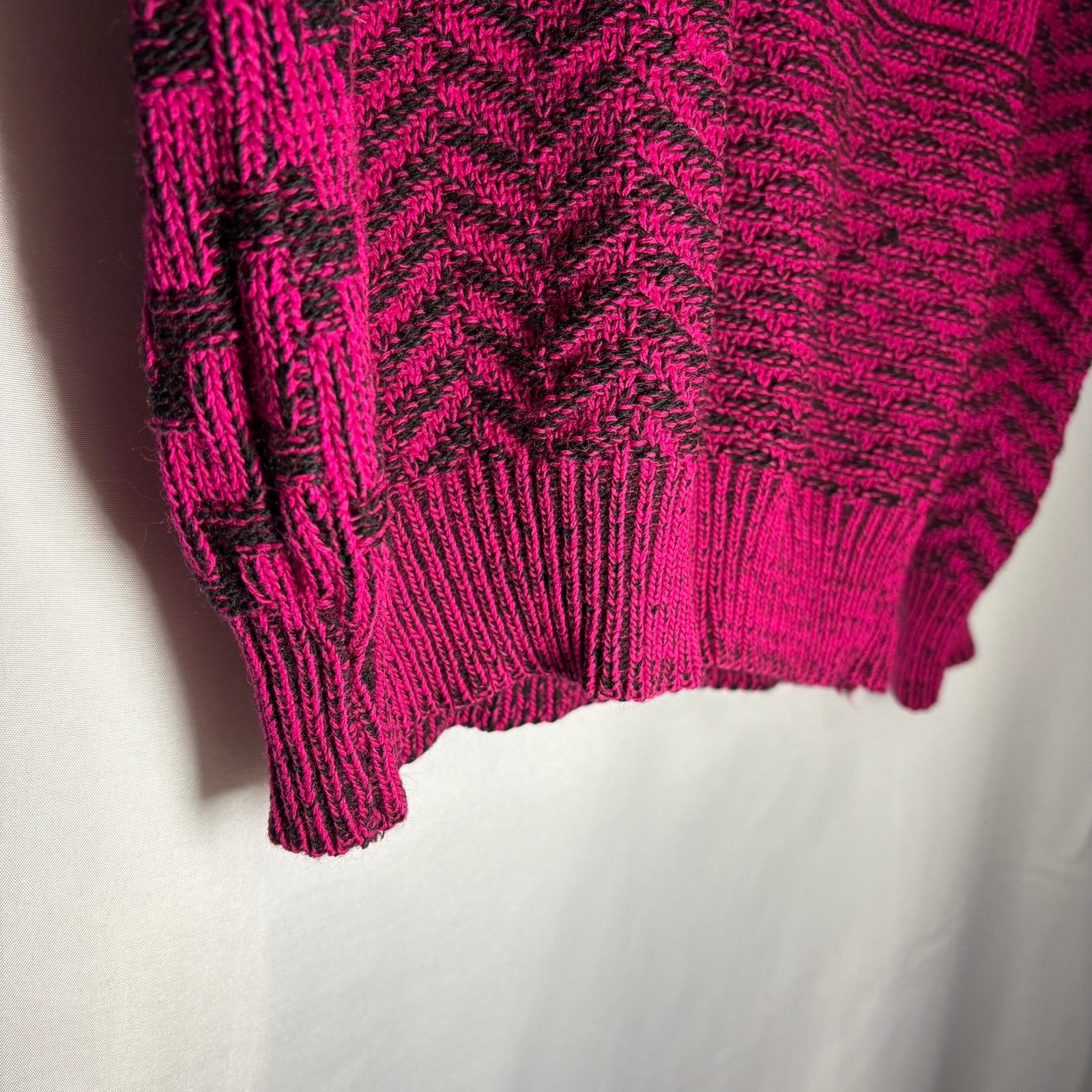 Vintage Lerner Magenta Pink Black Geo Patchwork Heavy Knit Sweater Mock Neck