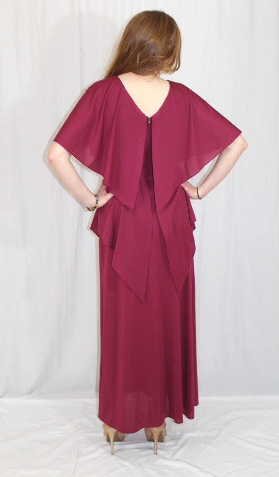 Vintage 70s Burgundy Wine Floral Cape TIERED Retro Maxi Cocktail Party Dress M