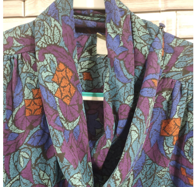 Y2K Pykettes Womens L Blouse Covered Buttons Blue Floral cowl neck long slee VTG
