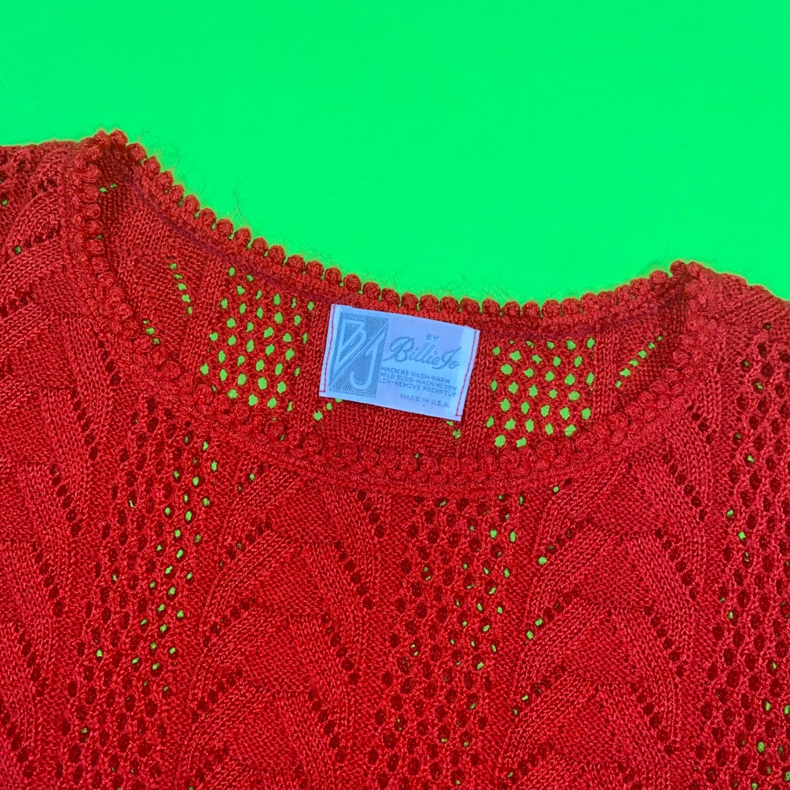 Billie Jo Vintage Red Short Sleeve Cable Pointelle Knit Sweater Made in USA