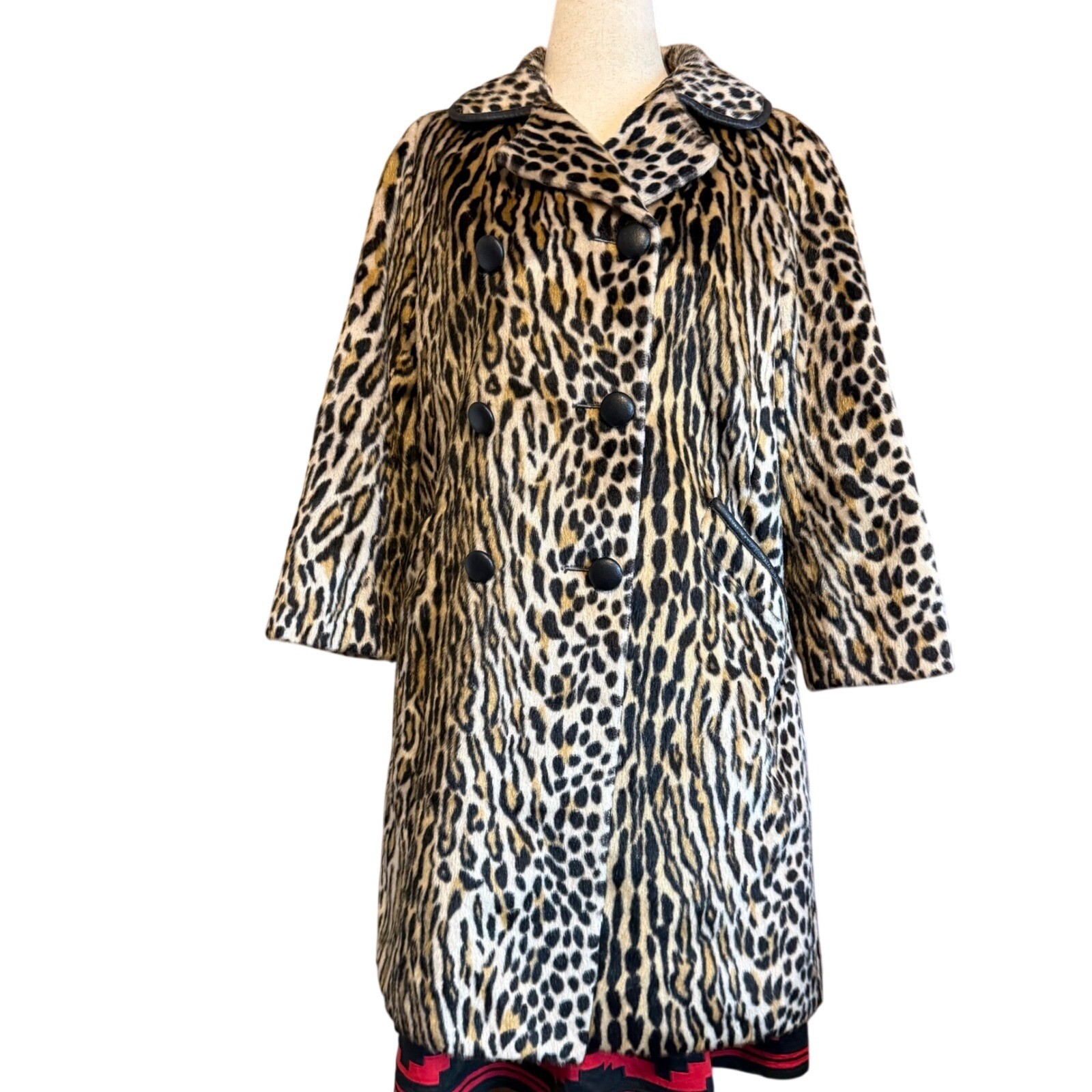 Vintage Safari Sportowne Leopard Faux Fur Coat Double Breasted Animal Print L