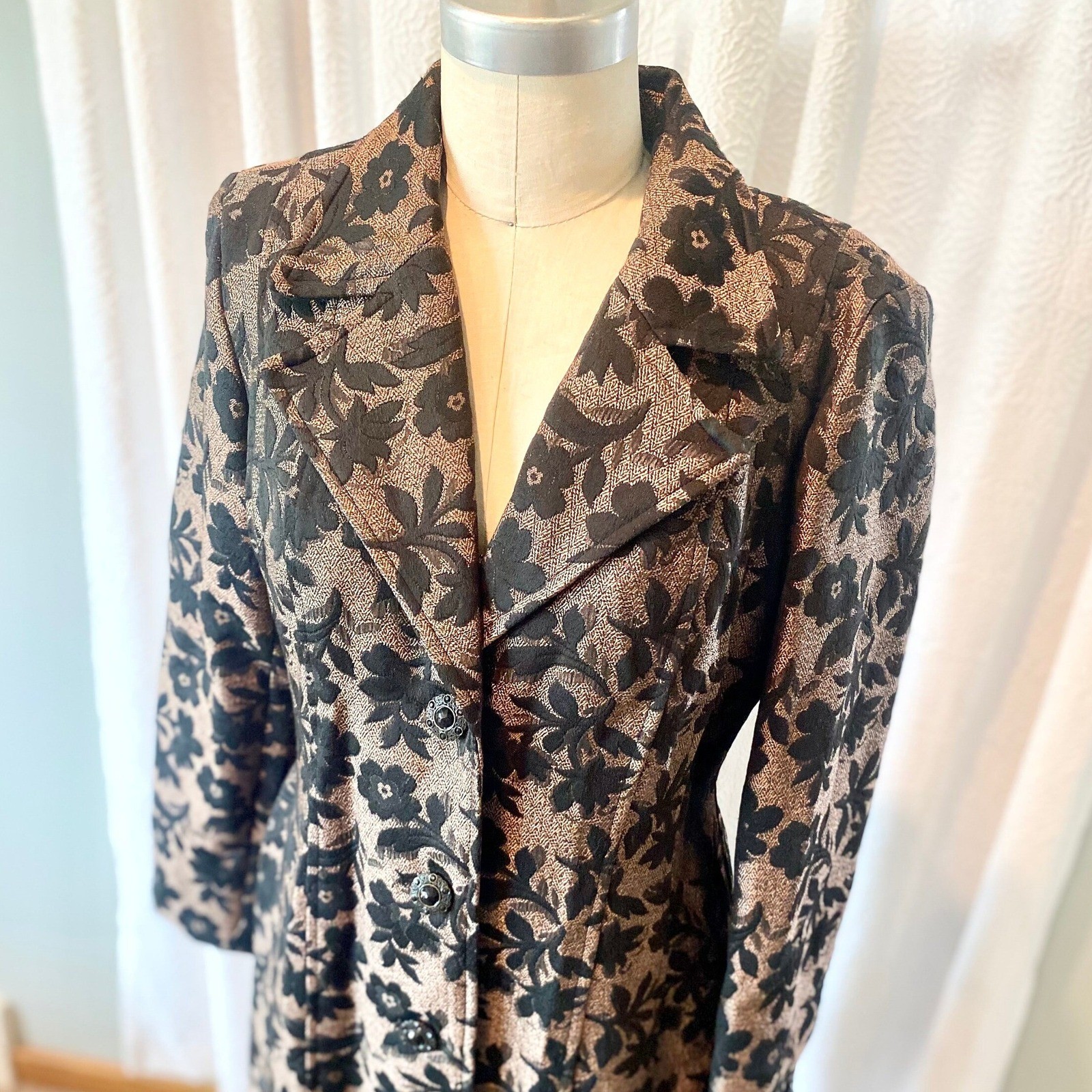 Vintage Brocade Trench Coat, Black Copper Metallic Floral, Size 12