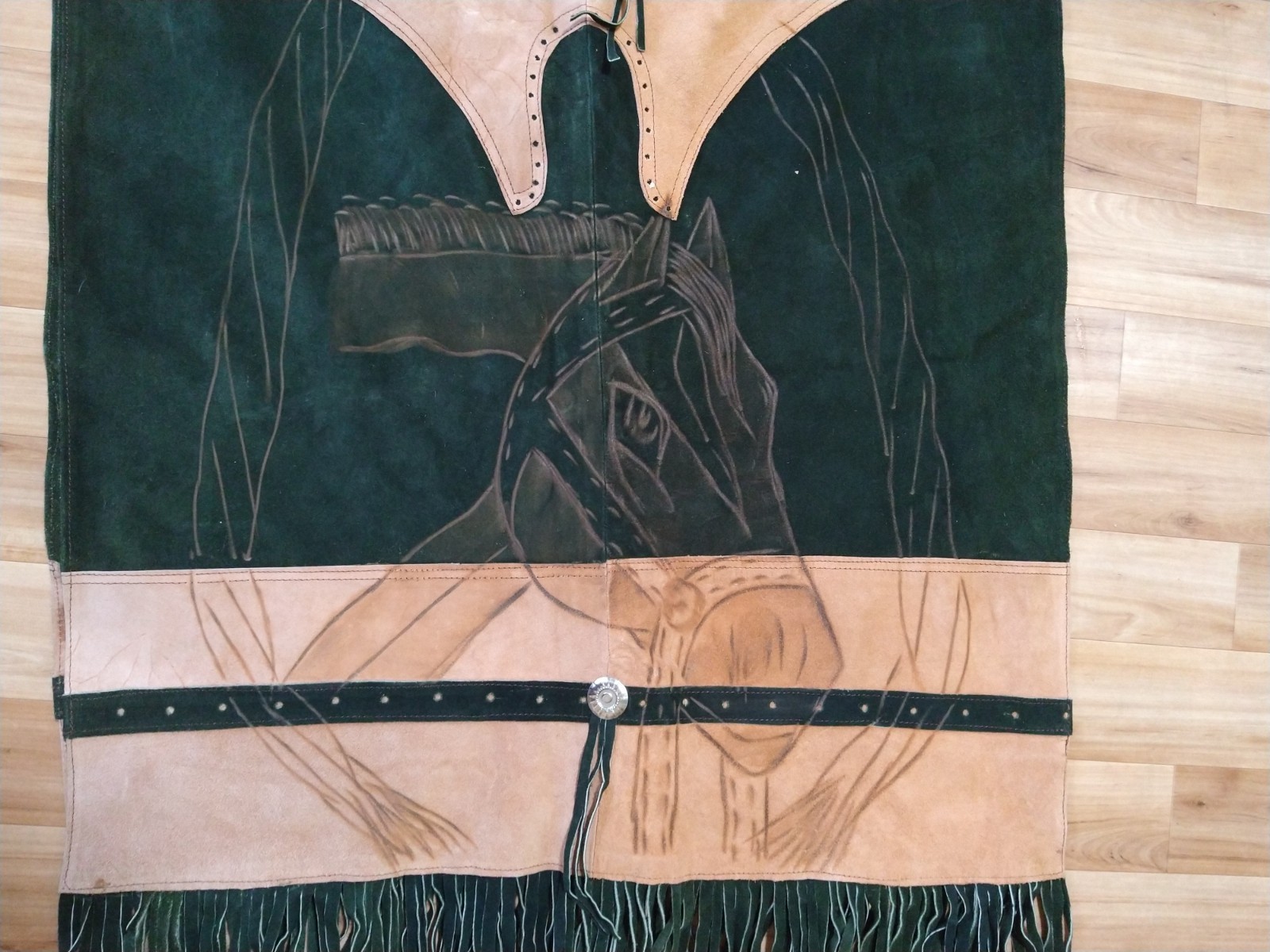Vintage Armando’s Leather/Suede Fringed Poncho Horse Design Front and Back