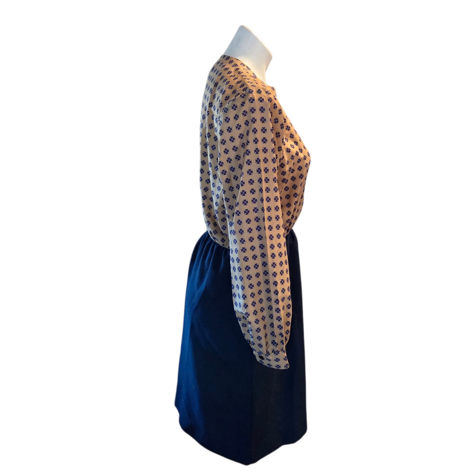 Vintage 70s Sears Roebuck Dress Size 14 Blue Tan 14 Petite Office Business Work