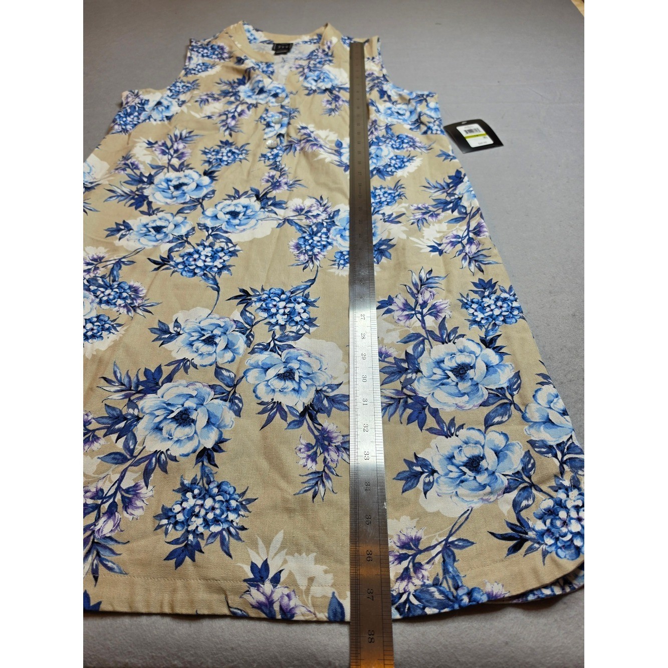 JH Women’s Dress Size 14 Tan Blue Floral Print Rayon Linen V-Neck Sleeveless