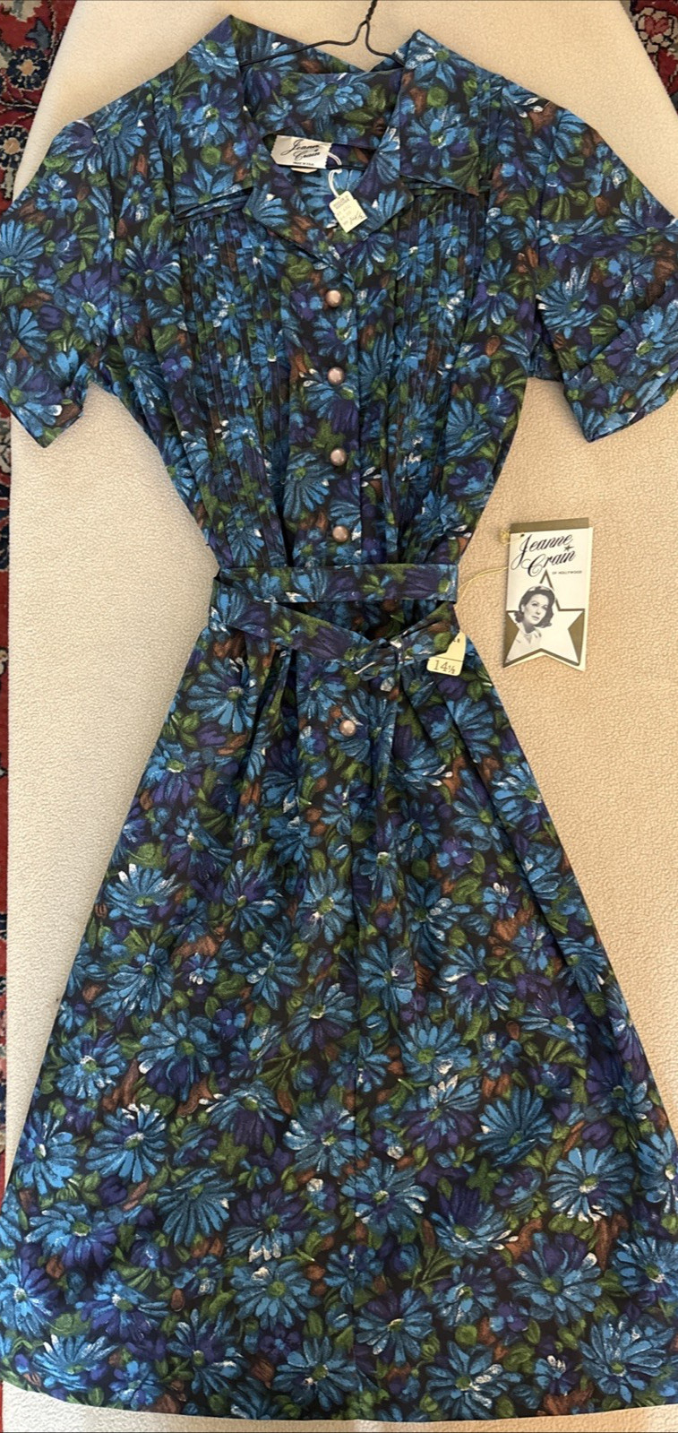 MCM Jeanne Crain of Hollywood Day Dress Blue Daisies Button/Tucks/Belt Sz 14-1/2