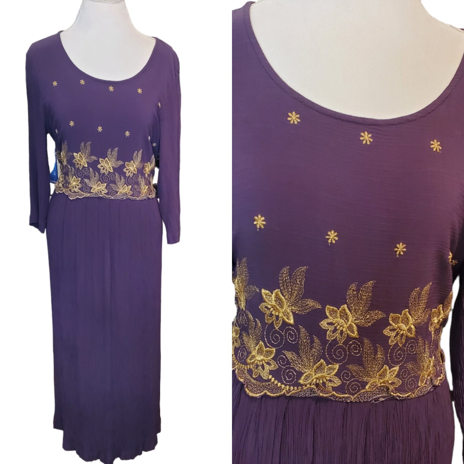 Vintage 90s Purple Empire Waist Midi Dress Gold Embroidery Crinkle Skirt XL 16