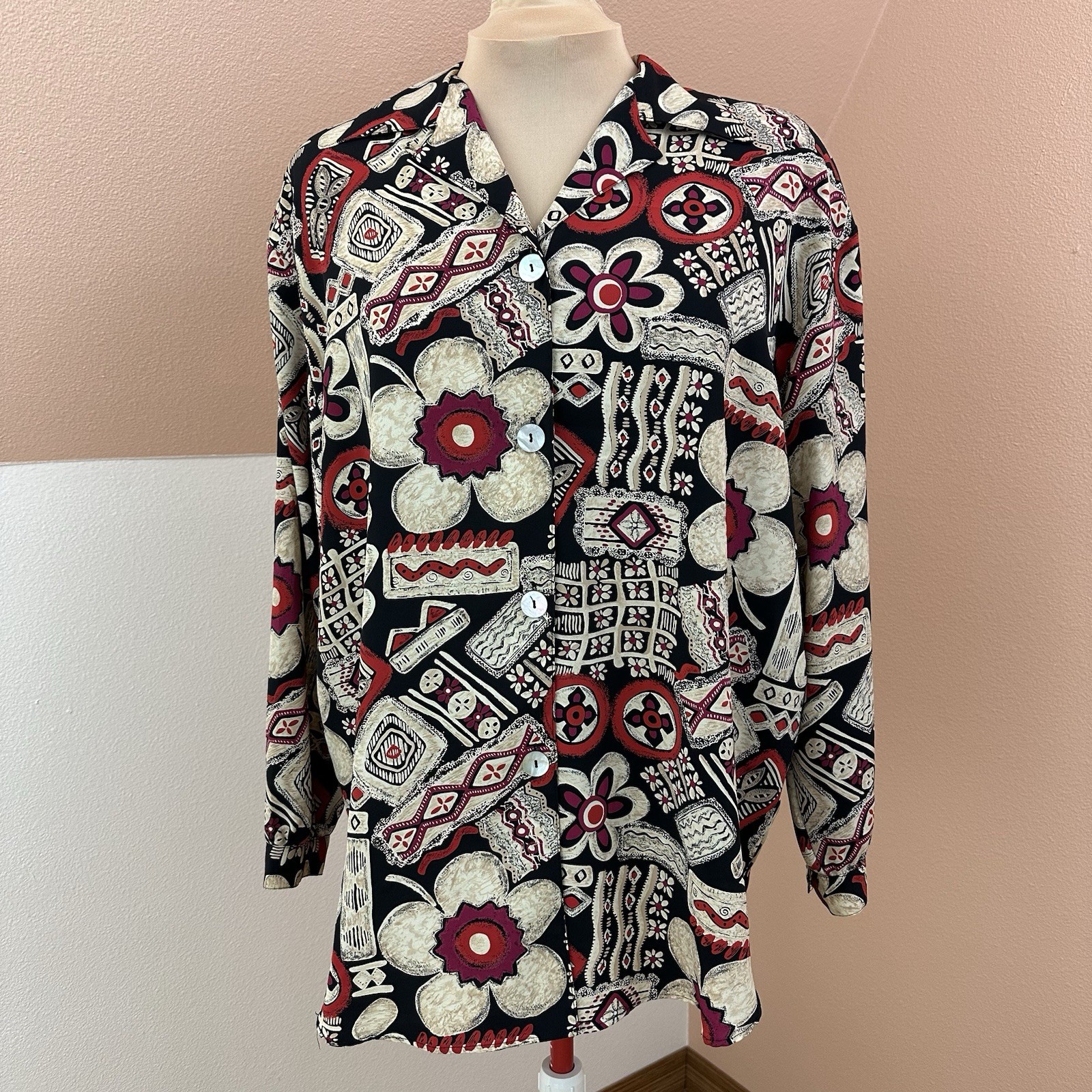 Vintage 90s Impressions Woman Button Front Blouse 20W Abstract Art To Wear Boho