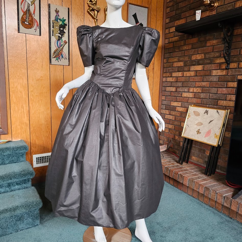 Vtg 80s Goth Princess Wedding Gunmetal Pageant Prom Party Circle Evening Dress M