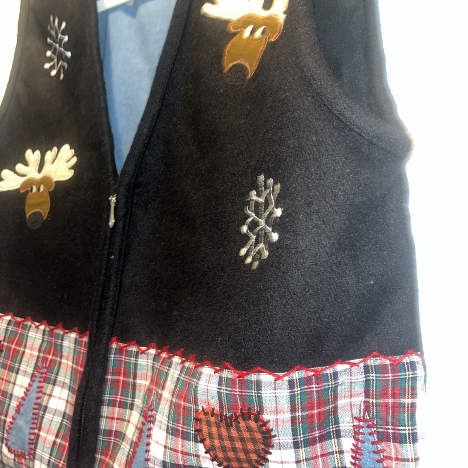 Vtg Ashley Hill Christmas Vest Ugly Sweater Wool Zipper Front Black Plaid Moose