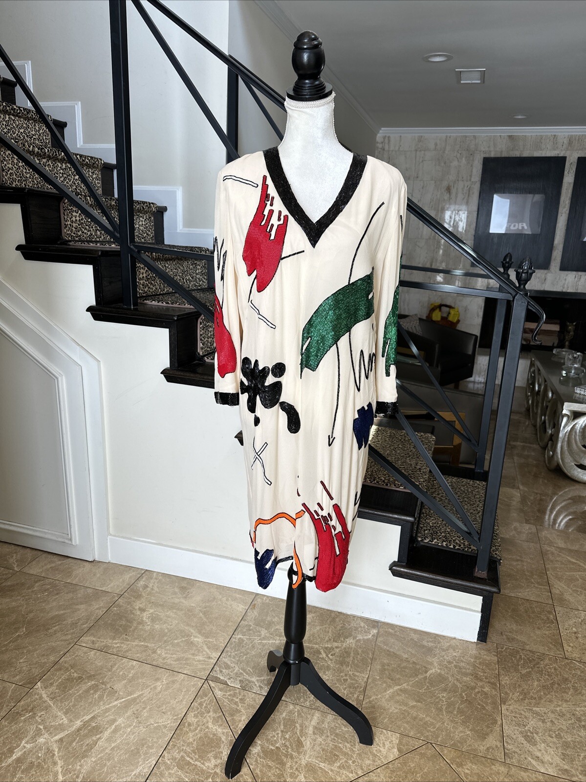 Fabrice Silhouettes 80s Ivory And Vibrantly Colored Beaded Shift Dress 10