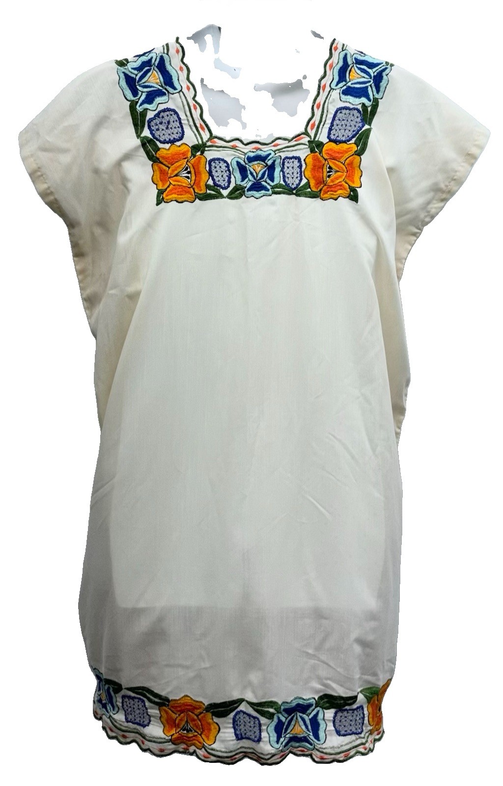 Handmade Mexican Dress Size L Pullover Embroidered Floral Neck-Bottom Hem Beige