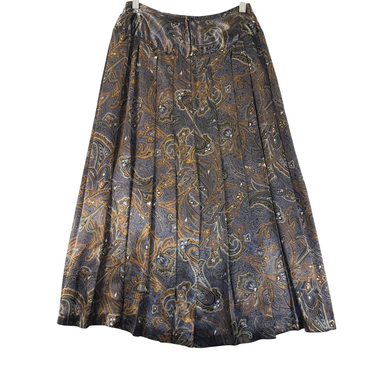 Notations Vintage Paisley Satin Pleated Midi Skirt Size S Made in USA Boho