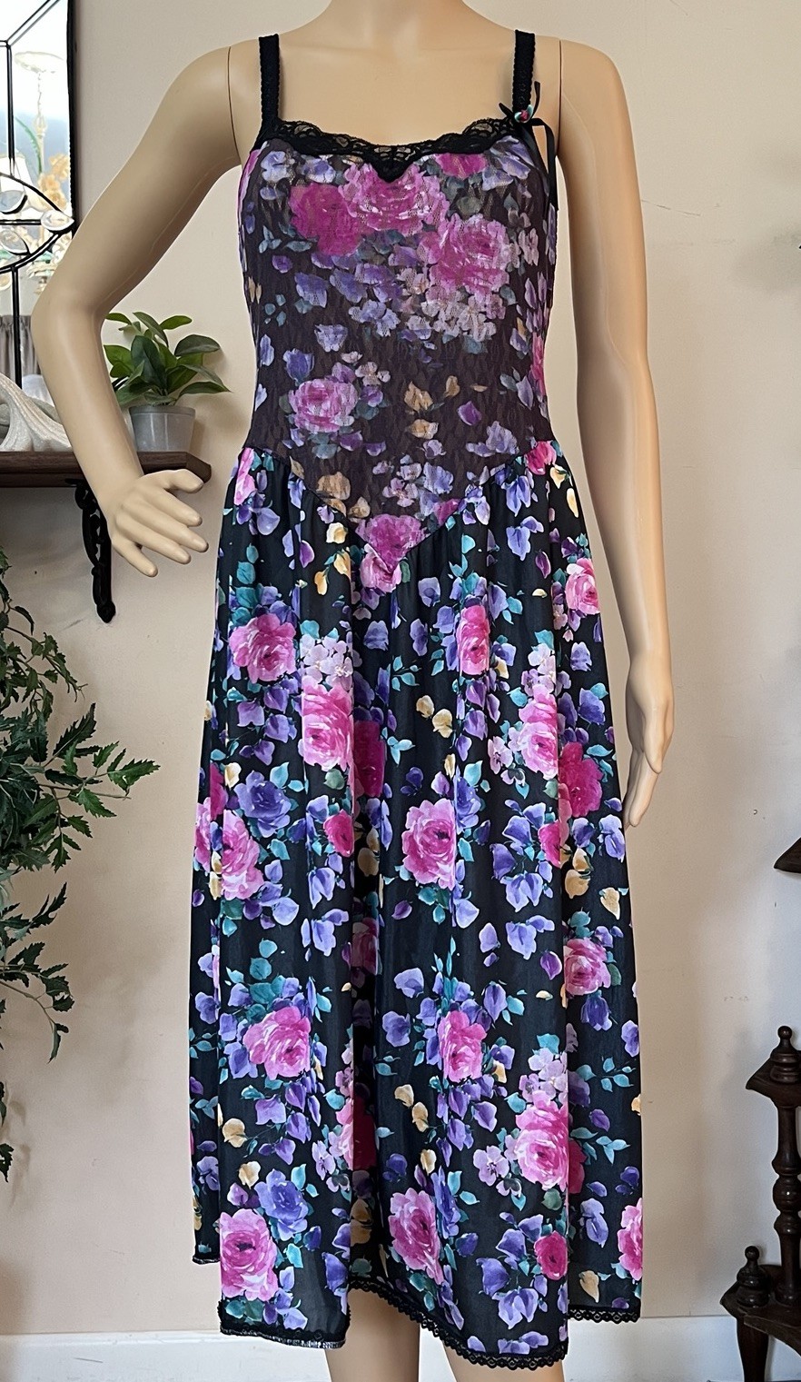 Vtg Feather Bed Intimates Slip Dress M Floral Nightgown Stretch Lace Ballerina