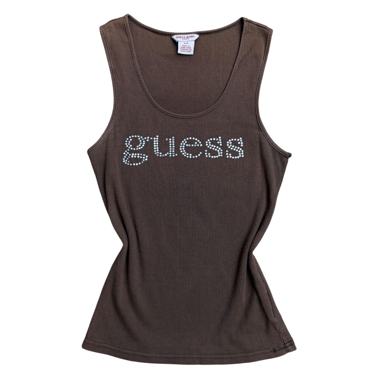 Vintage Guess Jeans Brown Rhinestone gem Logo Ribbed Tank Top Y2K S