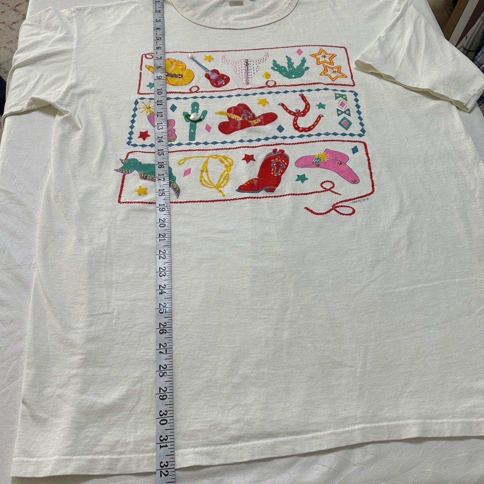 VTG 90s Western Cowgirl T-Shirt Single Stitch OS Boxy 3D Print Festival Rodeo