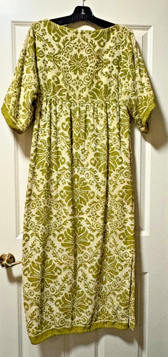 Vintage A Royal Robe Mid-Century MCM Green & Ivory Terry Cotton Long Housecoat