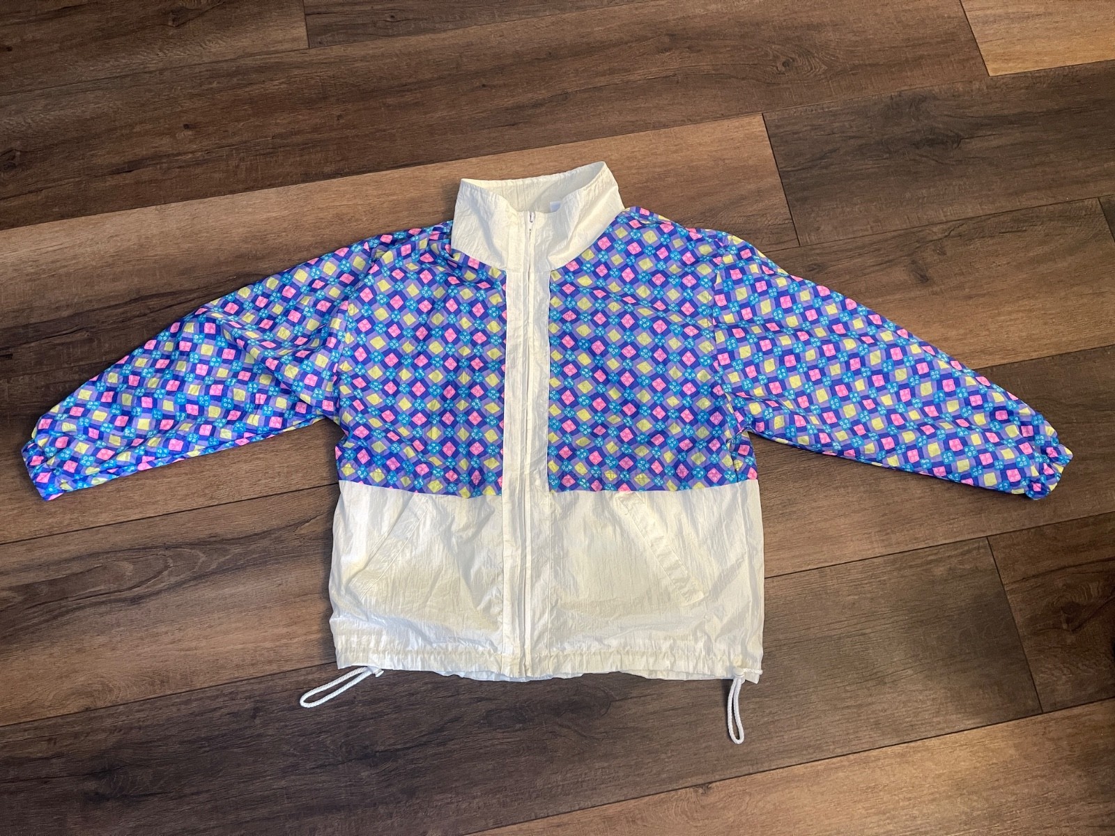 Vtg 80’s Pro-Spirit Windbreaker Neon Bold Geometric Jacket Front Zip Drawcords