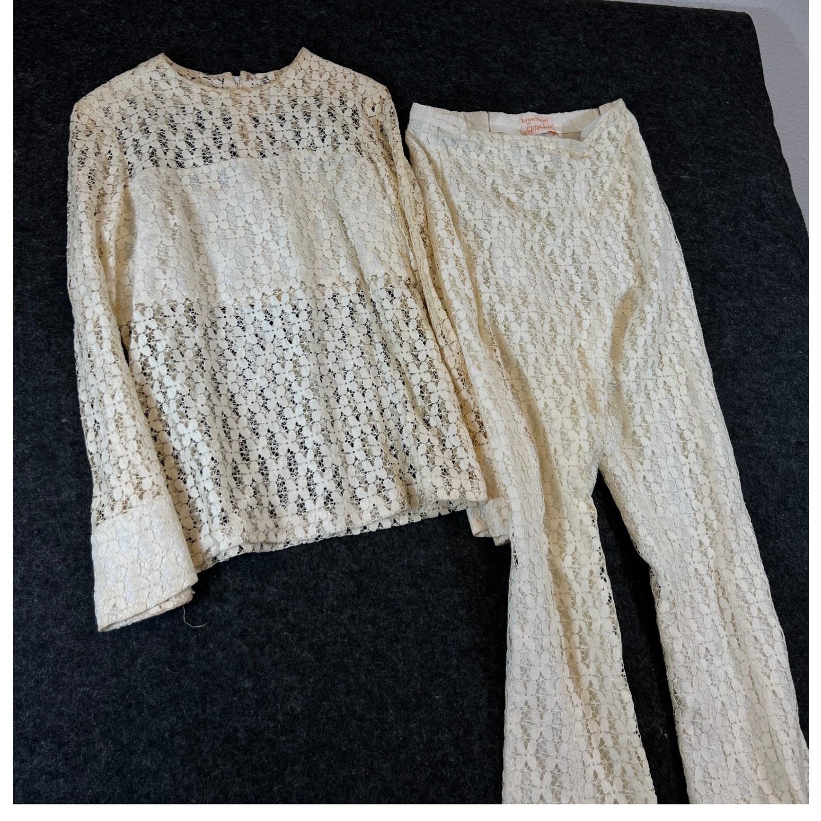 VTG 60s Saks Fifth Avenue Lynn Stuart Floral Lace Blouse and Flare Pants 2pc Set