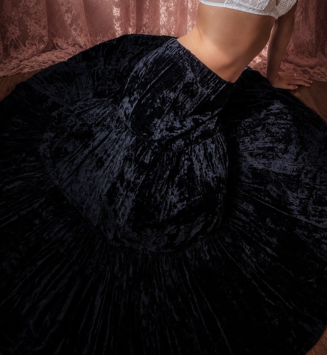 1990s dark blue heavy crushed velvet full sweep skirt