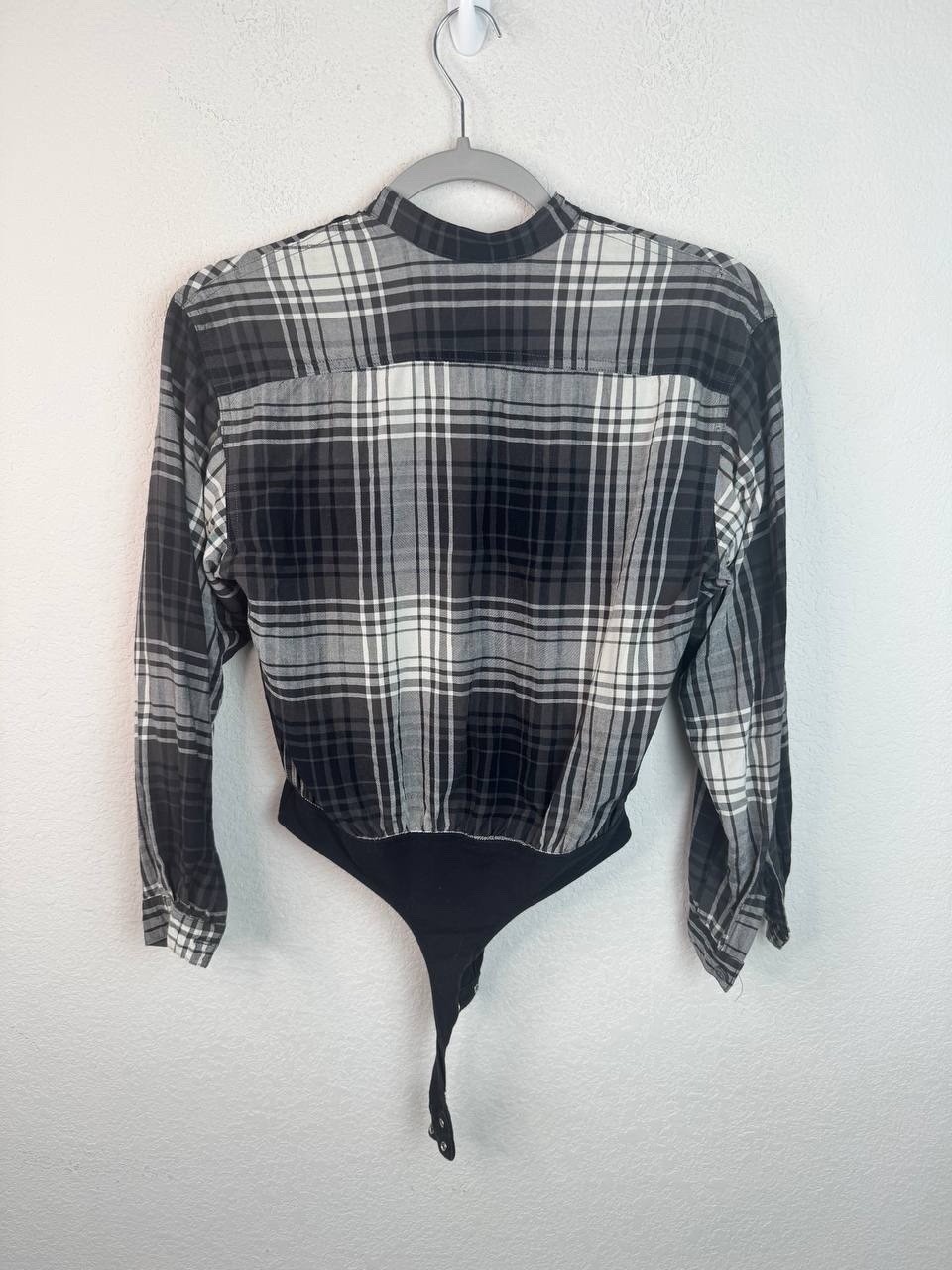 Marithe Francois Girbaud Bodysuit Top S Gray Plaid Button Front Y2K Grunge Vtg