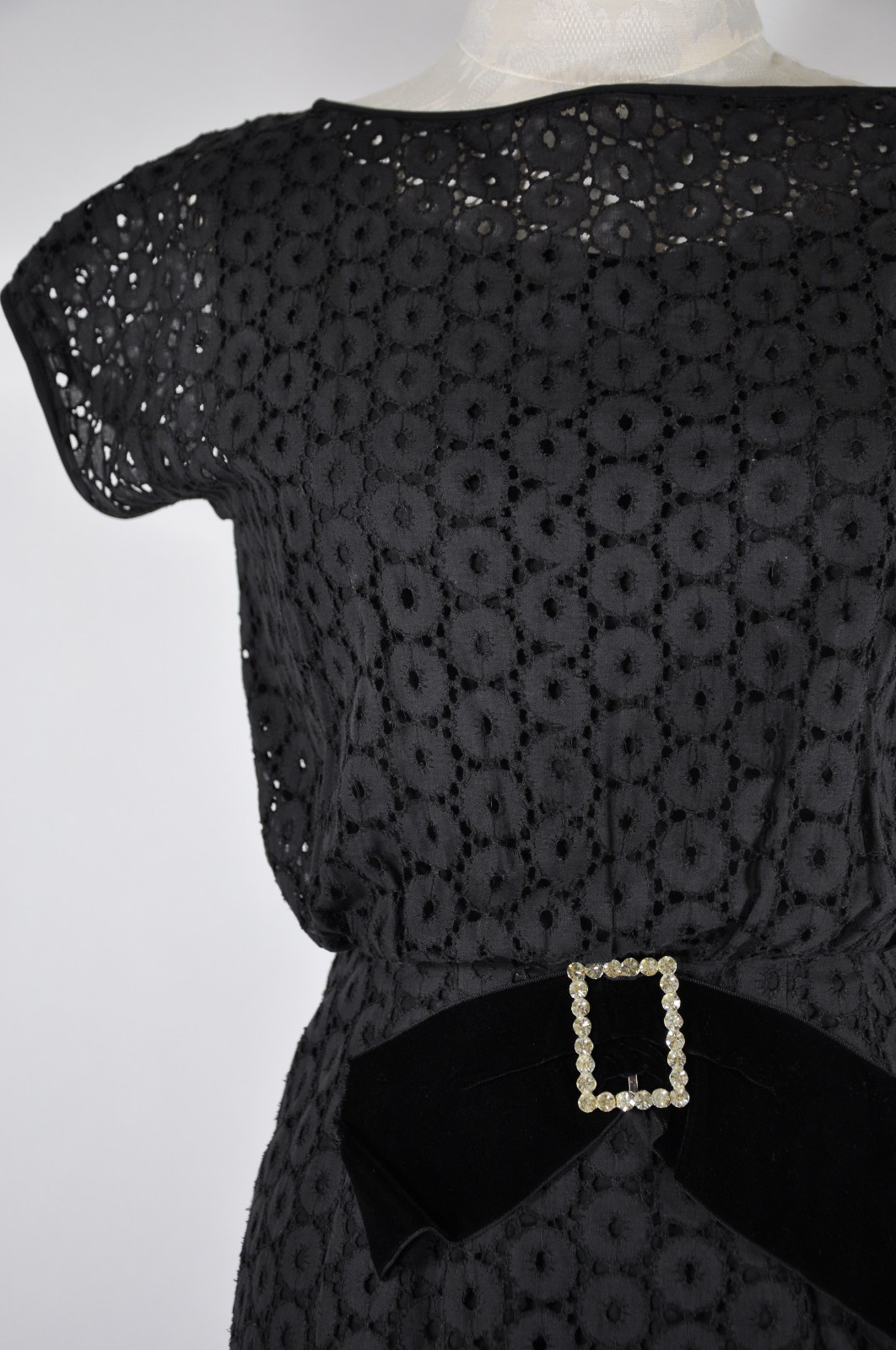 50s Vintage Black Cotton Lace Eyelet Velvet Rhinestone Wiggle Cocktail Dress S