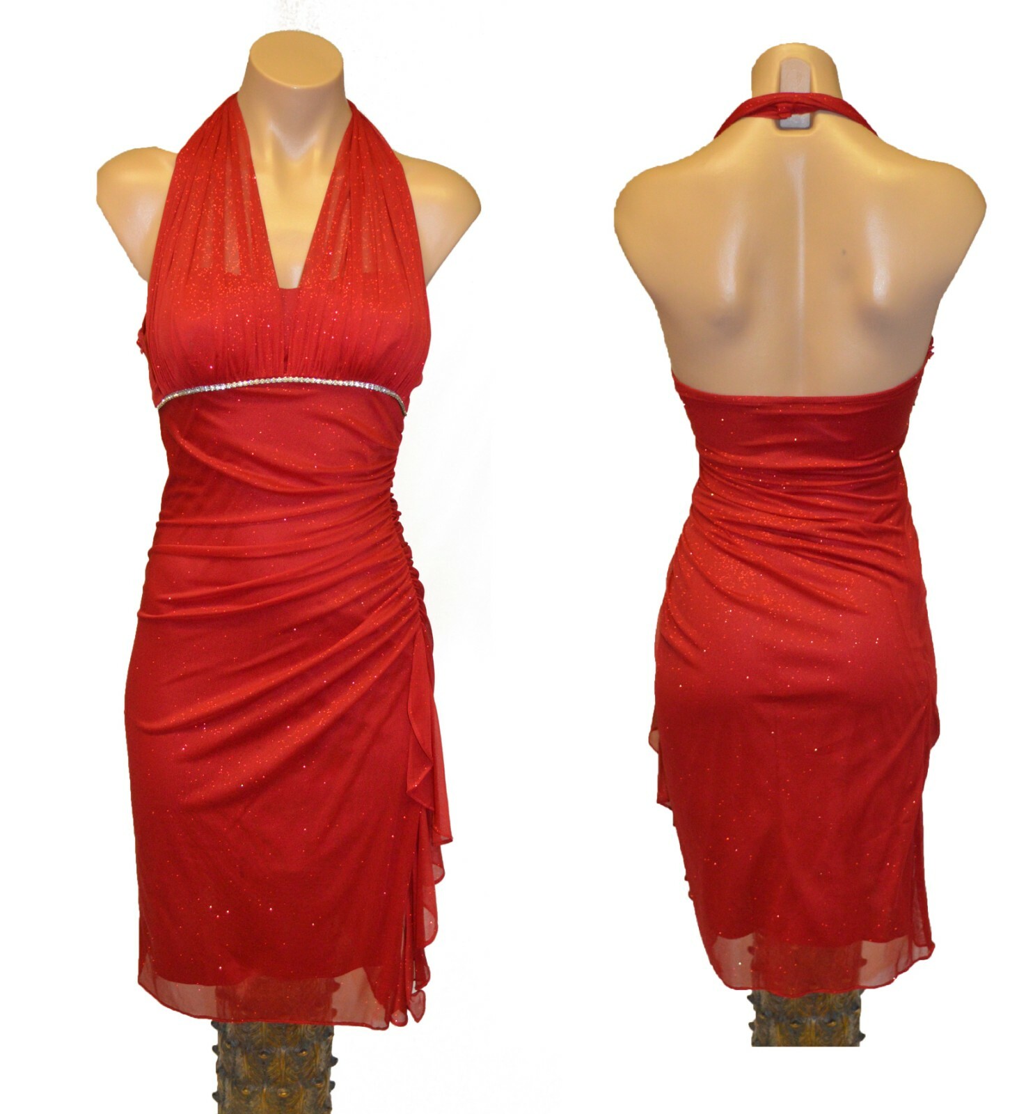 Blondie Nites Vintage 90s 00s Red Sparkle Halter Party Prom Dress sz 1